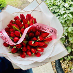 Bouquet of red tulips wrapped in white paper with pink ribbon