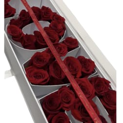 Box of red roses arranged in a white gift box with a ribbon