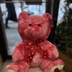 Pink plush teddy bear with a red heart ribbon
