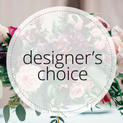 Mixed pink and white floral bouquet with a "designer's choice" label