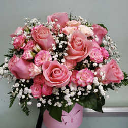 Pink rose bouquet in a pink butterfly box with white filler flowers