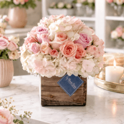 Pink and white rose bouquet in a rustic wooden box