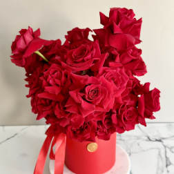 Red roses arranged in a round red box with ribbon