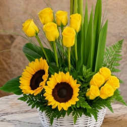 Sunflower & Yellow Roses Basket – Same Day Delivery San Antonio