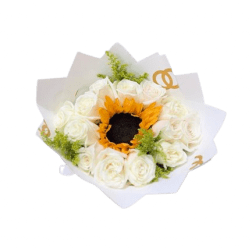 Round bouquet with a central yellow sunflower surrounded by white roses in white paper wrap