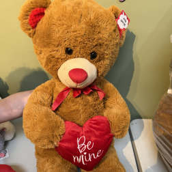 Brown teddy bear holding a red heart pillow with a ribbon