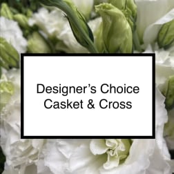 White floral arrangement with green buds and a text label