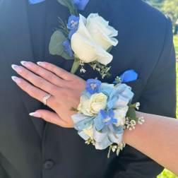 White and Blue Corsage and Boutonniere