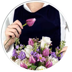 Florist holding a bouquet of white roses and purple and pink flowers with a single pink tulip stem.