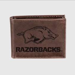 Brown leather wallet with a Razorbacks logo