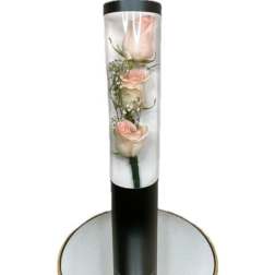 Single pale pink rose in a clear tube with a black cap