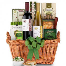 Gift basket with wine, crackers, chocolates, and cookies