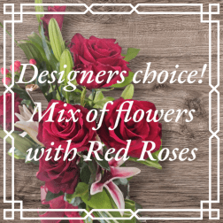 Bouquet of red roses and pink lilies with white text overlay