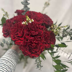Bouquet of deep red roses with small white filler flowers