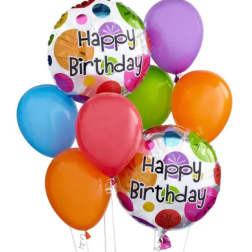 Cluster of colorful birthday balloons with two "Happy Birthday" foil balloons