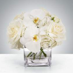 White roses and orchids arranged in a clear square vase