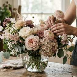 Pastel roses, ranunculus, and hydrangeas in a clear glass bowl vase on a wooden table