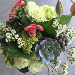 Bouquet with white roses, pink tulips, and a succulent accent
