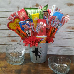 Candy bouquet in a metal bucket with heart decorations