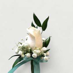 White rose boutonniere with baby's breath and teal ribbon