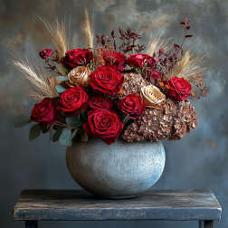 Red and cream roses in a round gray vase with dried grasses