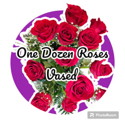 Dozen red roses arranged in a vase with baby's breath