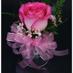 Pink rose in a clear vase with a large pink ribbon bow