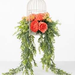 Vintage White Birdcage with Silk Flowers Draping