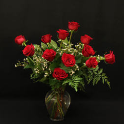 Red roses arranged in a clear glass vase with small white filler flowers