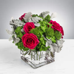 Short arrangement of hot pink roses with green dianthus and silvery foliage in a clear glass cube vase