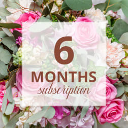 Pink and white rose bouquet with eucalyptus and a "6 months subscription" overlay