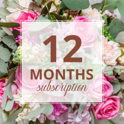 Pink and white rose bouquet with eucalyptus and a "12 months subscription" overlay