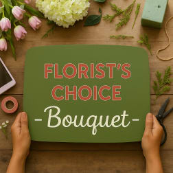 Hands hold a green sign reading "FLORIST'S CHOICE Bouquet" on a wooden table.