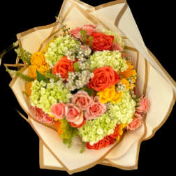 Bouquet of roses and hydrangeas wrapped in cream paper