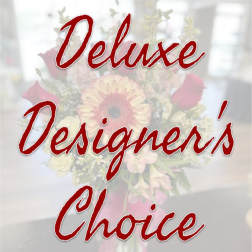 Red script text over a blurred bouquet background
