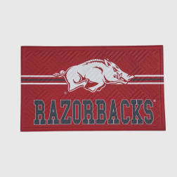 Red Razorbacks logo mat with a white hog graphic