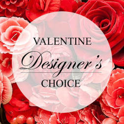 Red and pink roses with a "Valentine Designer's Choice" label