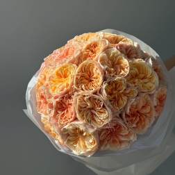 Bouquet of peach and cream roses wrapped in white paper