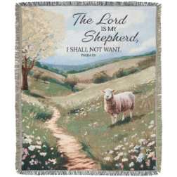 Fringed blanket with a pastoral sheep scene and Psalm 23 text