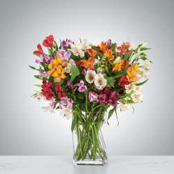 Mixed alstroemeria bouquet in a clear glass vase
