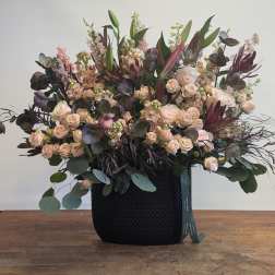 Large arrangement of blush roses and dark foliage in a black container