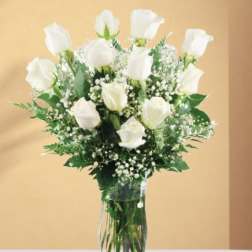 White roses in a clear glass vase with baby's breath