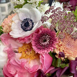 Mixed bouquet with pink, white, and purple flowers