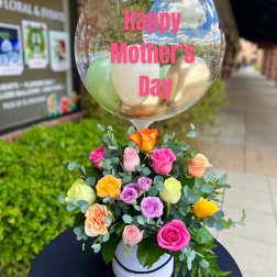 Mixed roses in a white box with a clear Mother's Day balloon