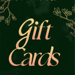 Gift card with dark green floral border and large "Gift Cards" text