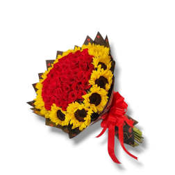 Bouquet of red roses and yellow sunflowers wrapped with a red ribbon