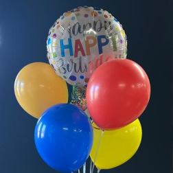 Birthday balloon bouquet with a foil "Happy Birthday" balloon and four latex balloons
