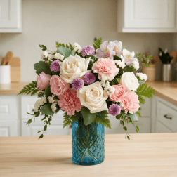 Pink and white flower arrangement in a blue glass vase