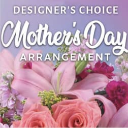 Pink lilies and roses arranged against a lavender background with Mother's Day text.