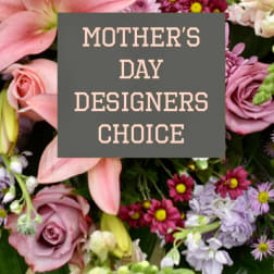 Mixed pink and lavender flowers with lilies and roses, overlaid with a Mother's Day sign